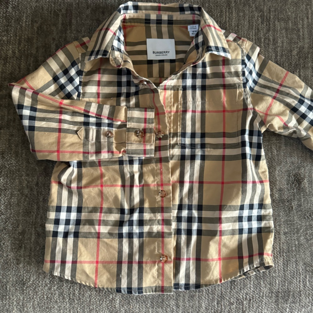 Burberry Beige Plaid Button-Down Shirt with Black & Red Accents